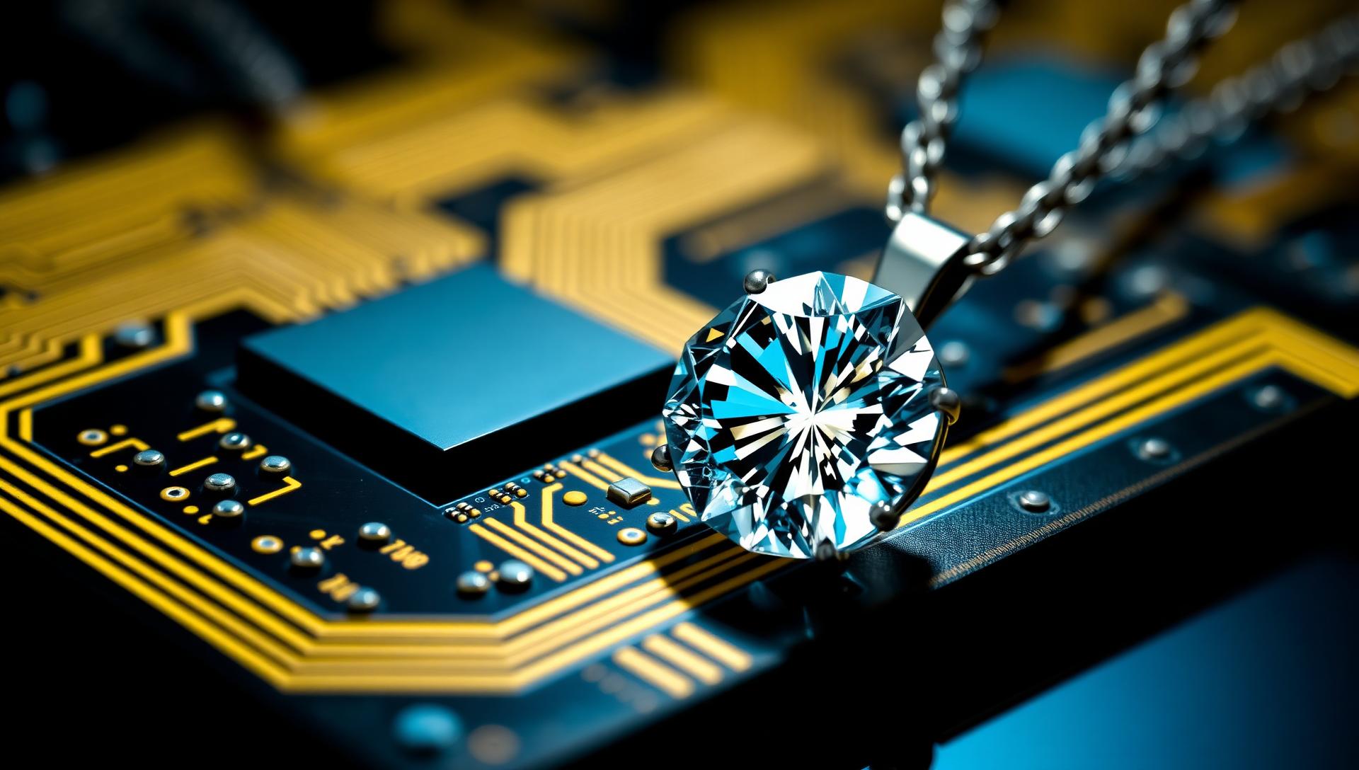 Pingente de diamante sobre placa de circuito dourada